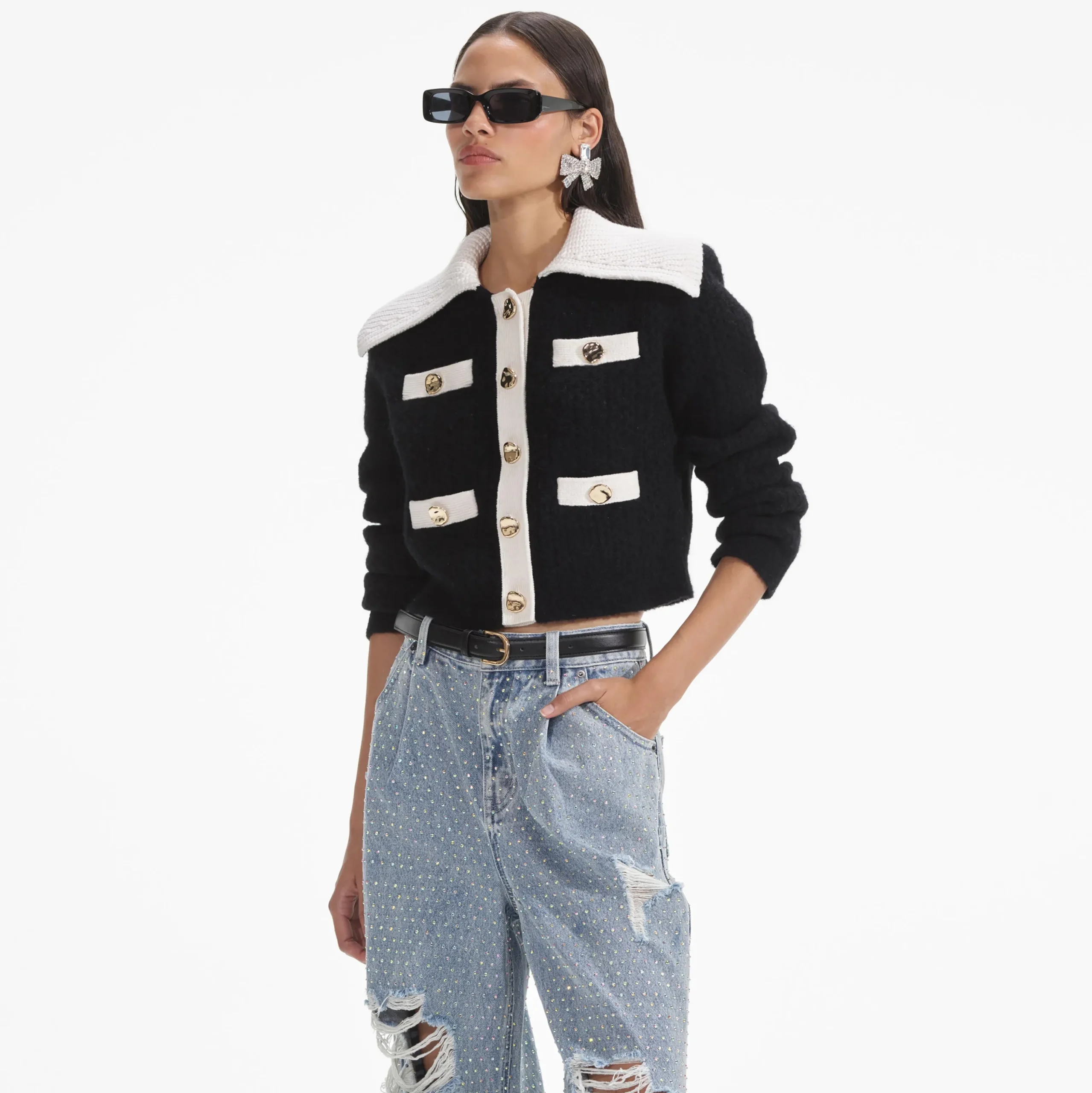 Contrast Cashmere Blend Cardigan^self-portrait Cheap