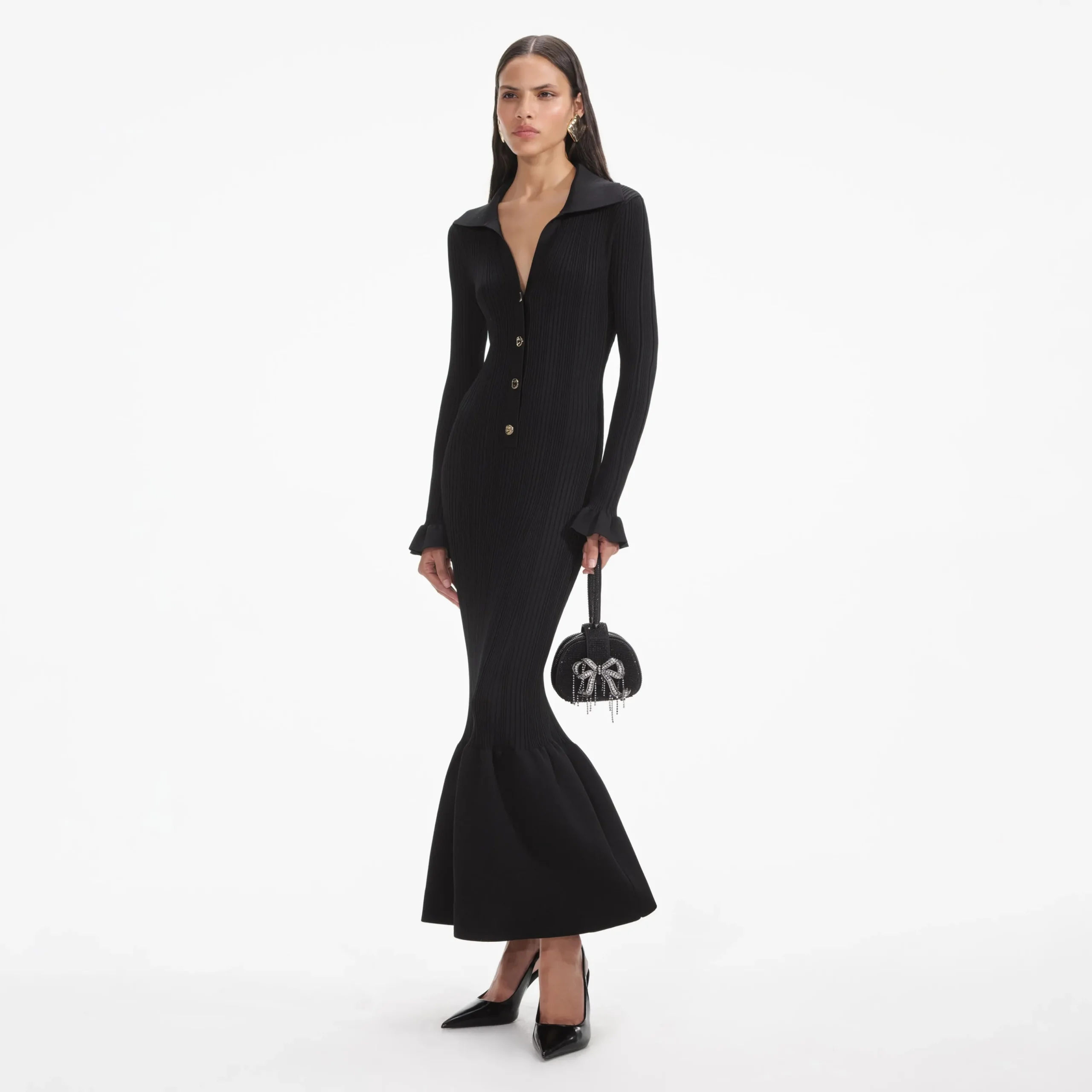 Ribbed Knit Fluted Midi Dress^self-portrait Outlet