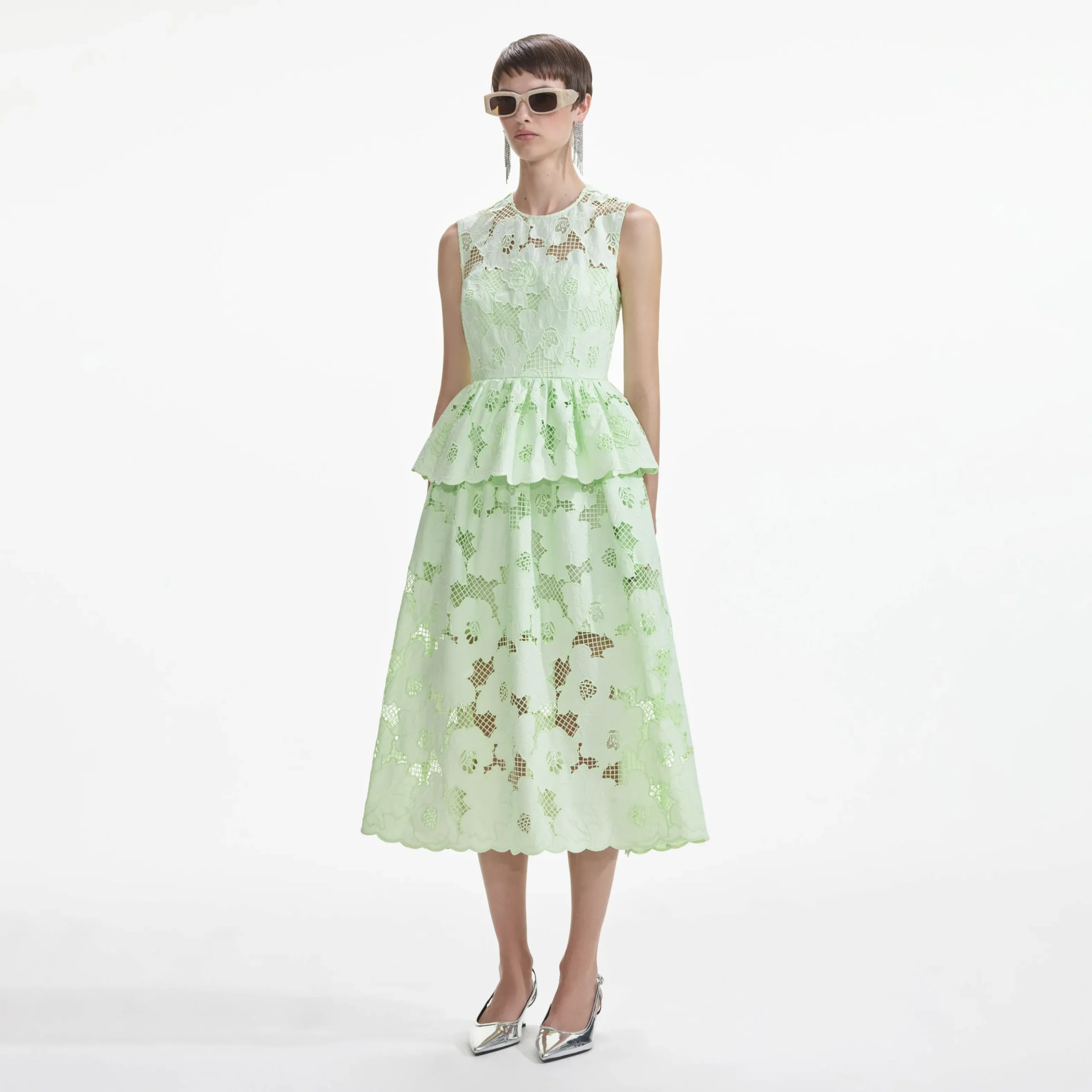 Cotton Lace Peplum Midi Dress^self-portrait New