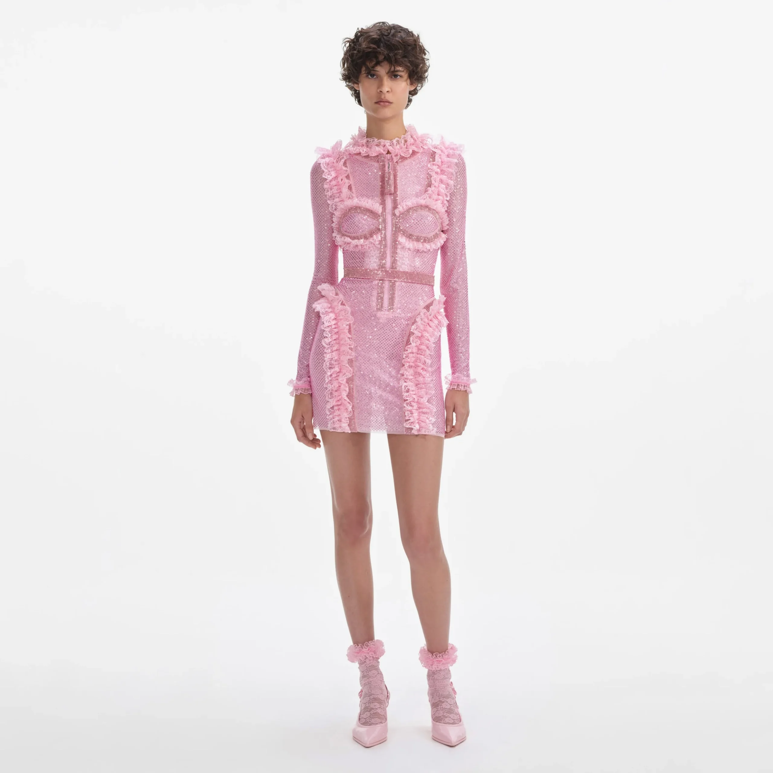 Rhinestone Mesh Ruffle Mini Dress^self-portrait Best Sale
