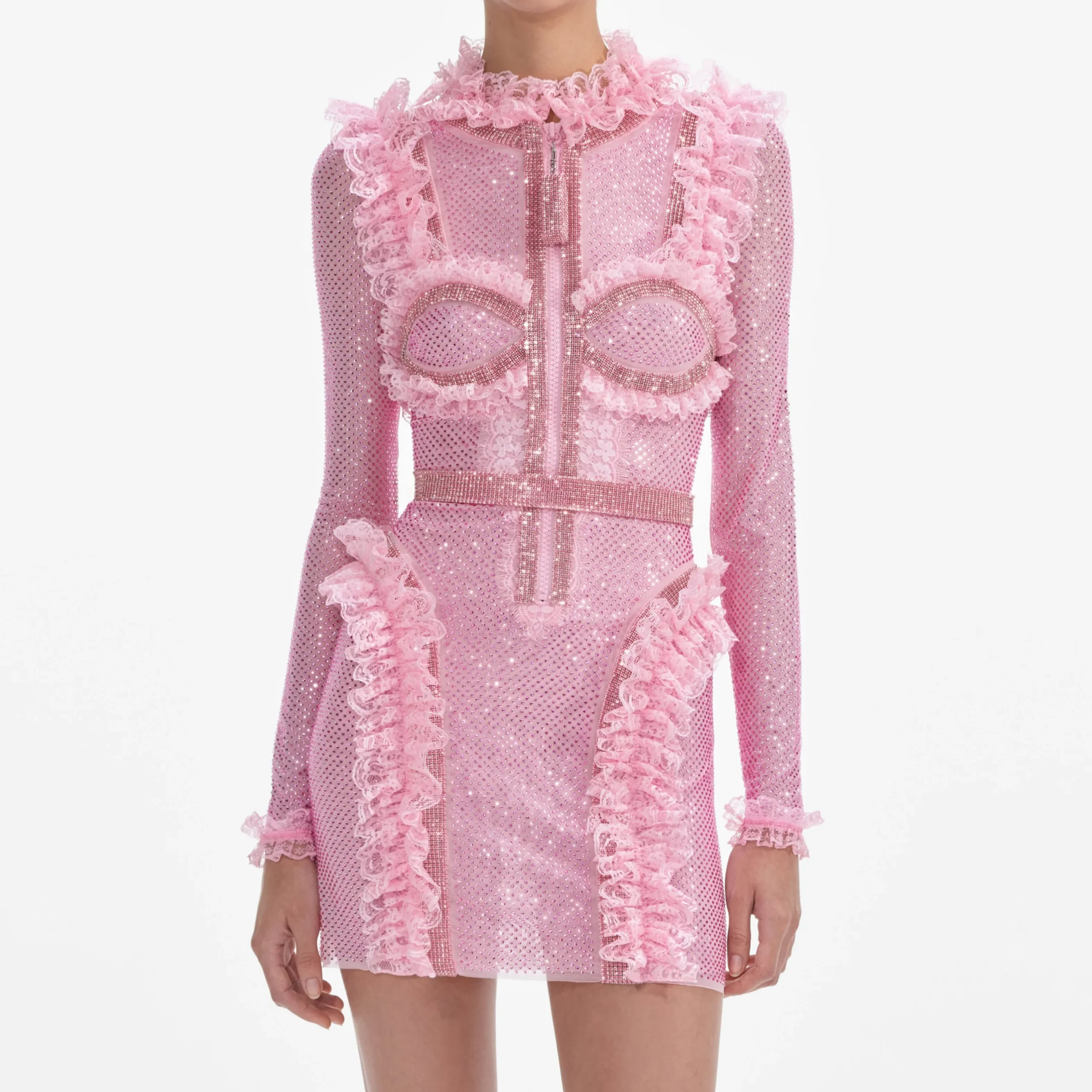 Rhinestone Mesh Ruffle Mini Dress^self-portrait Best Sale