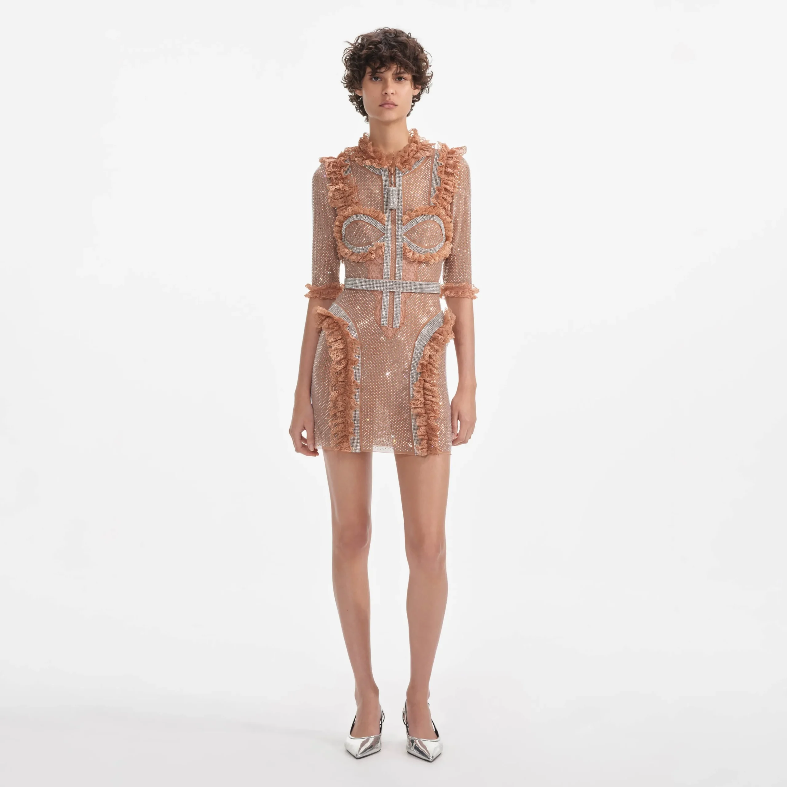Rhinestone Mesh Ruffle Mini Dress^self-portrait New