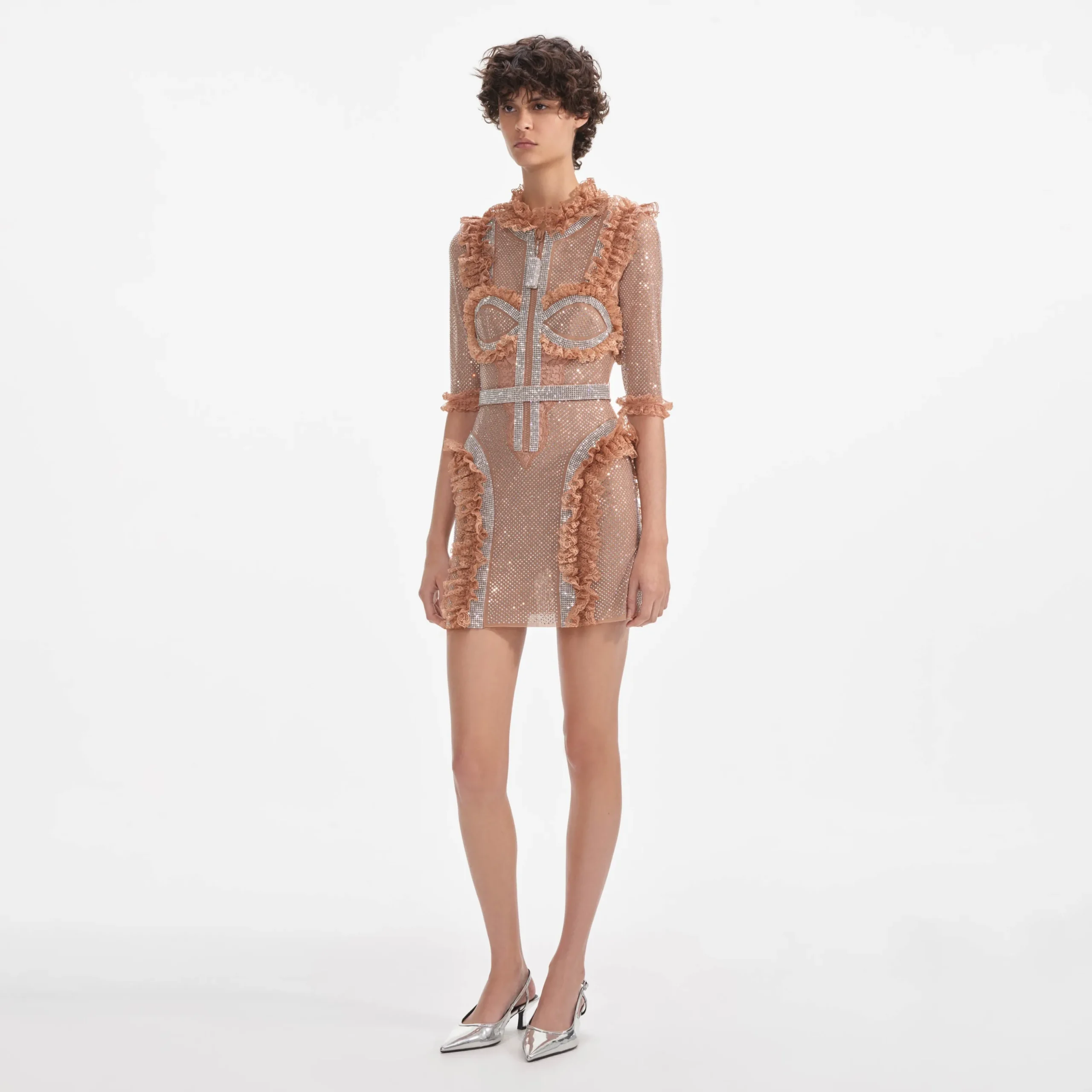 Rhinestone Mesh Ruffle Mini Dress^self-portrait New
