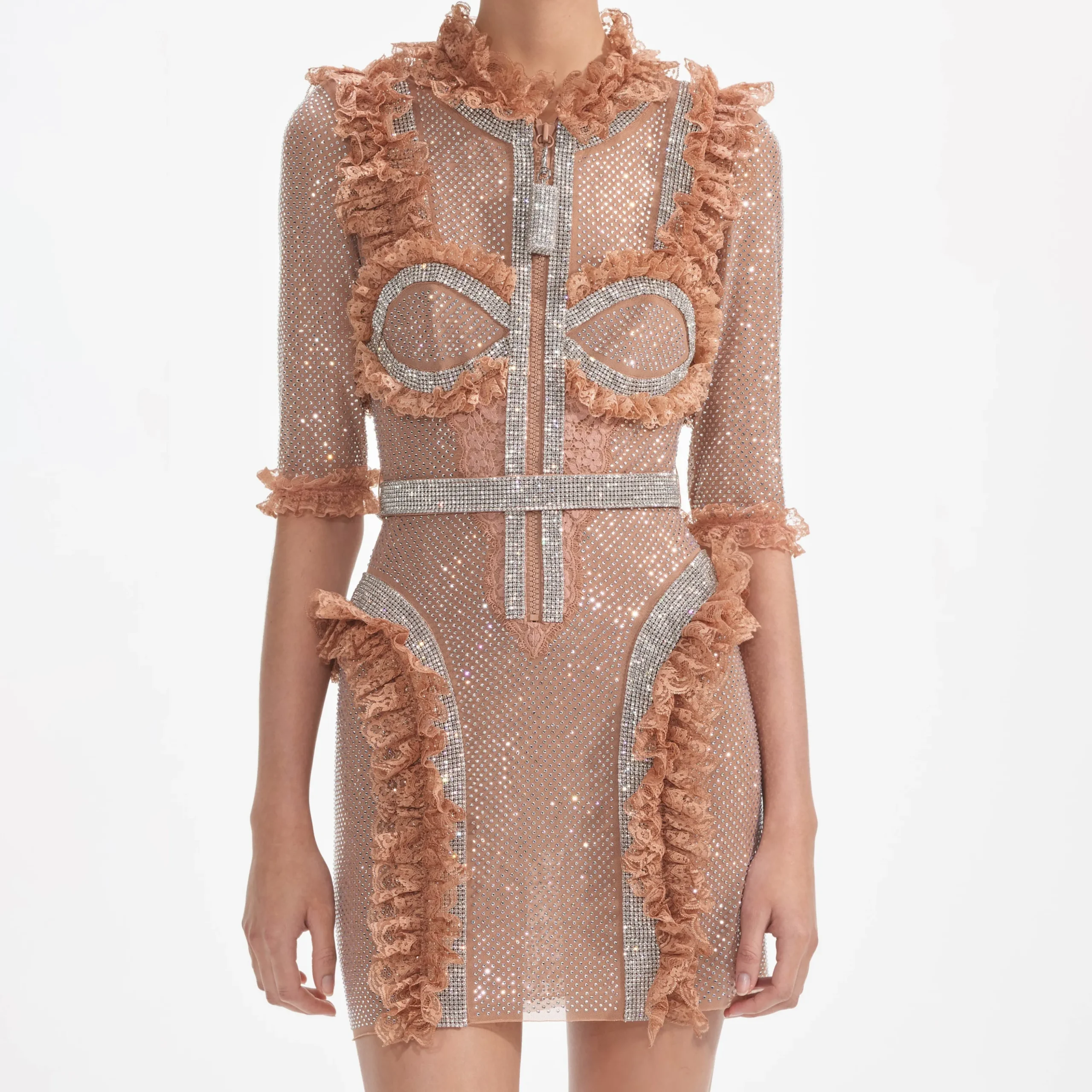 Rhinestone Mesh Ruffle Mini Dress^self-portrait New