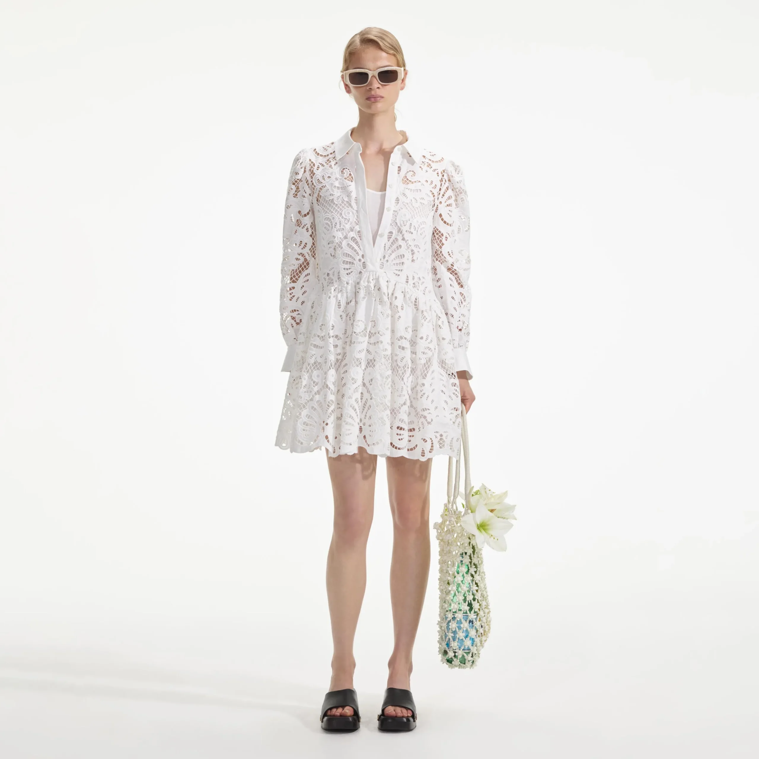 Cotton Lace Mini Shirt Dress^self-portrait Fashion