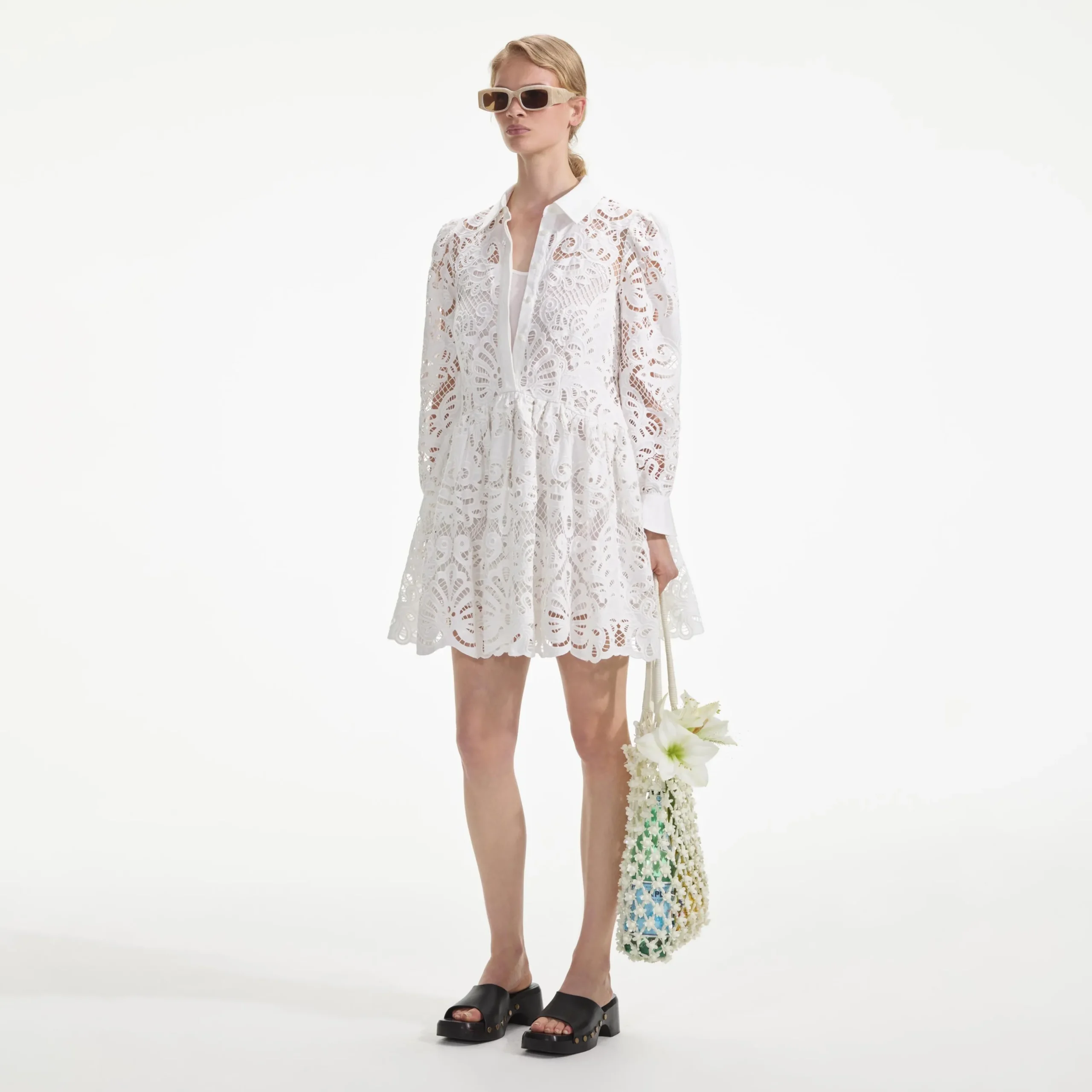 Cotton Lace Mini Shirt Dress^self-portrait Fashion