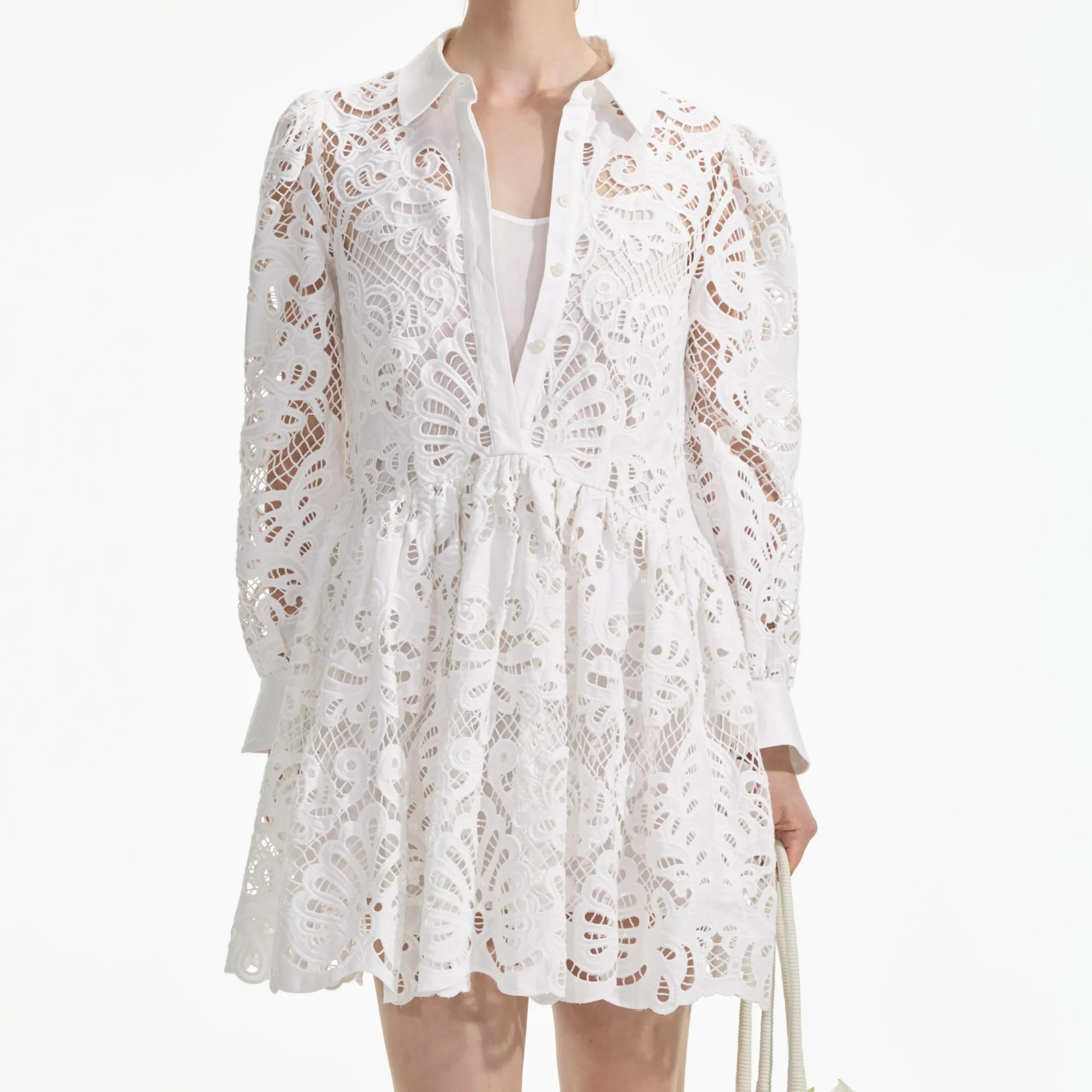 Cotton Lace Mini Shirt Dress^self-portrait Fashion