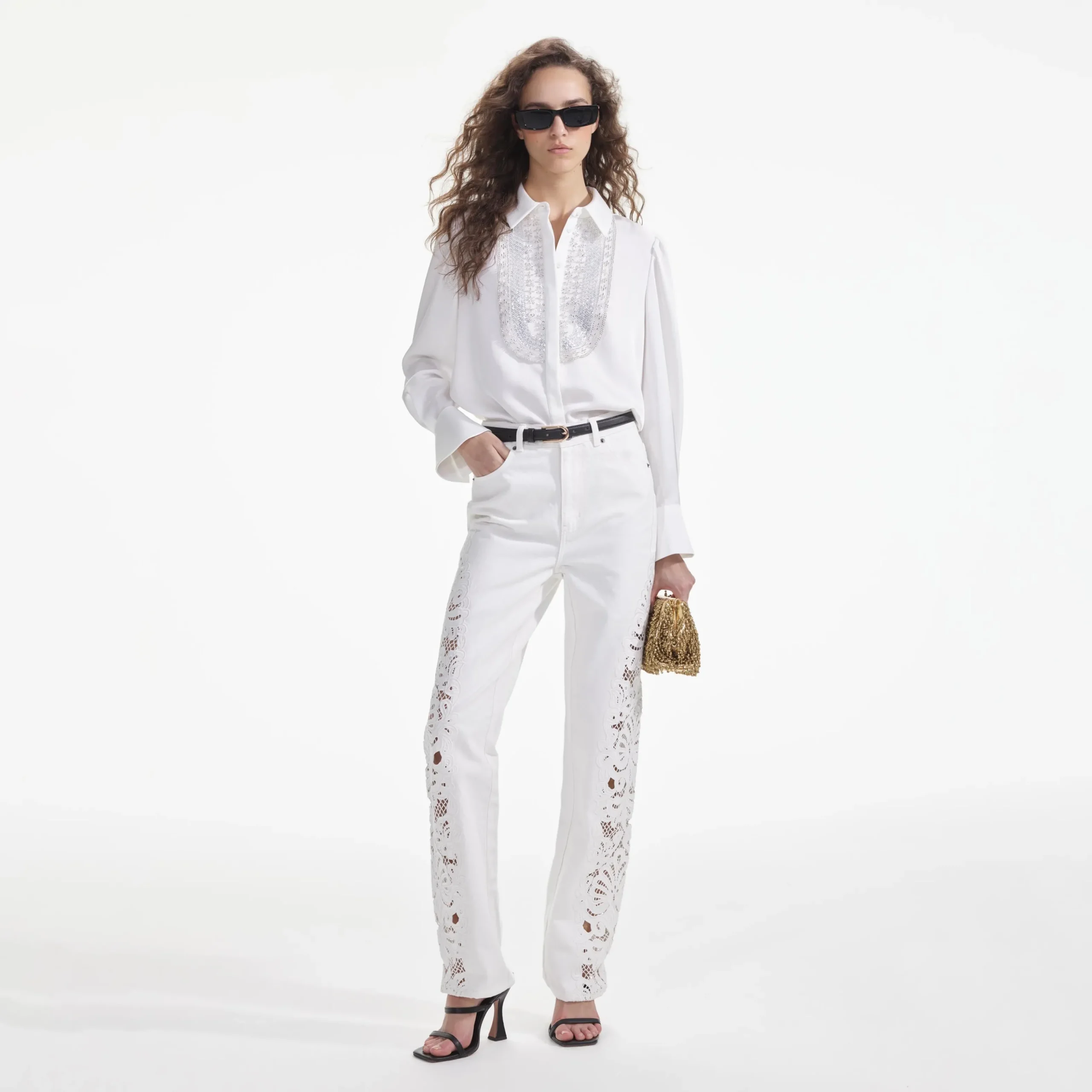 Satin Embellished Bib Blouse^self-portrait Fashion