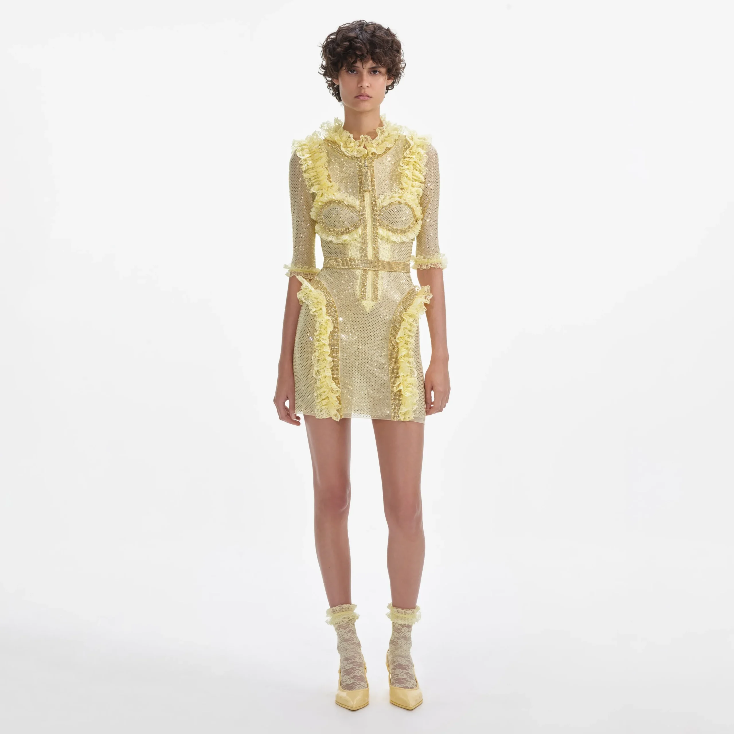 Rhinestone Mesh Ruffle Mini Dress^self-portrait Shop