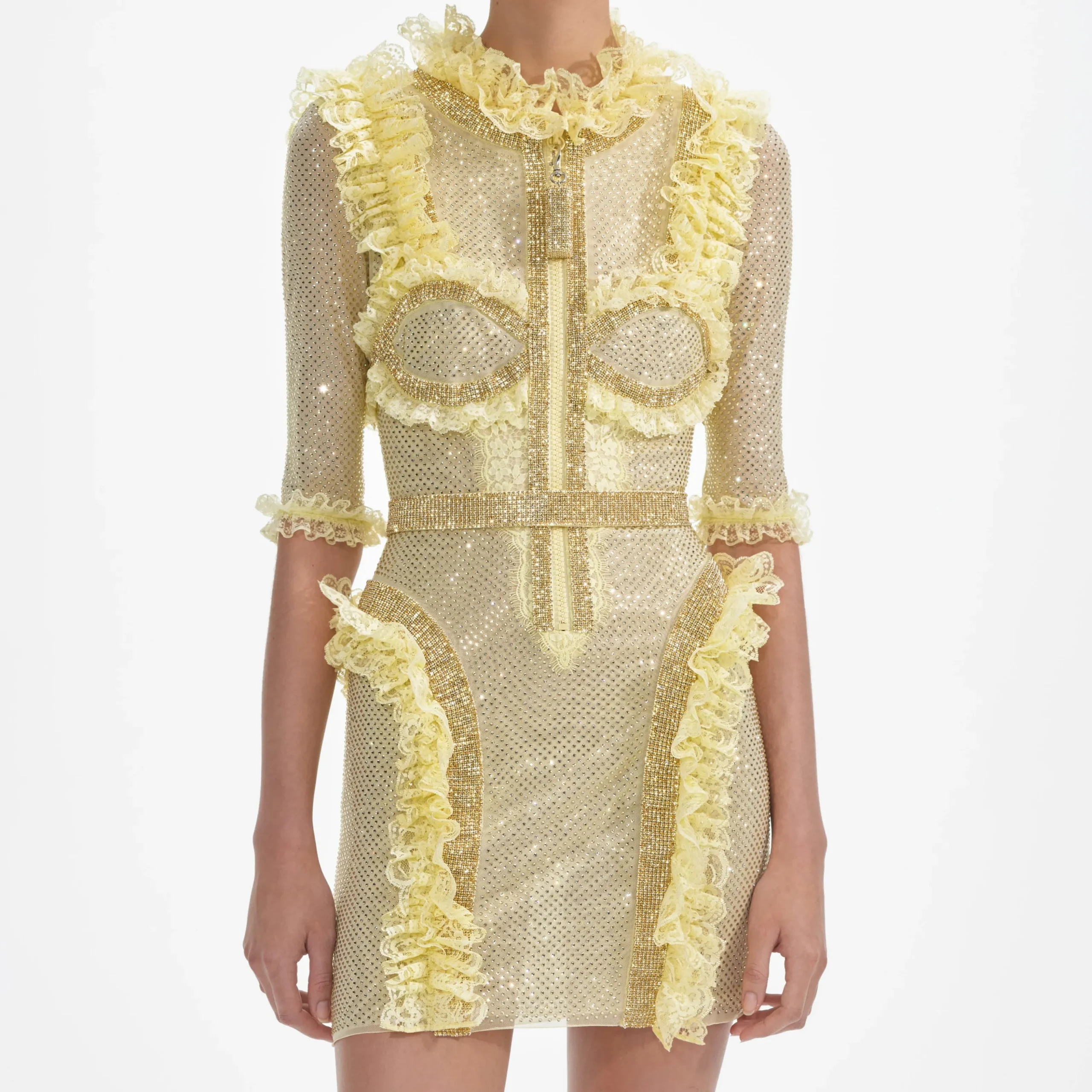 Rhinestone Mesh Ruffle Mini Dress^self-portrait Shop